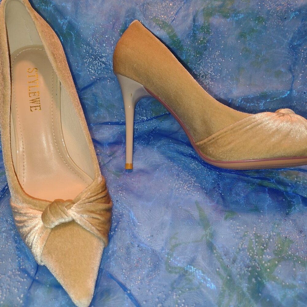Sz 6.5 Tan Velvet High Heels for Women w/ Twist Bow Knot Stiletto Shoes Stylewe - Picture 4 of 7